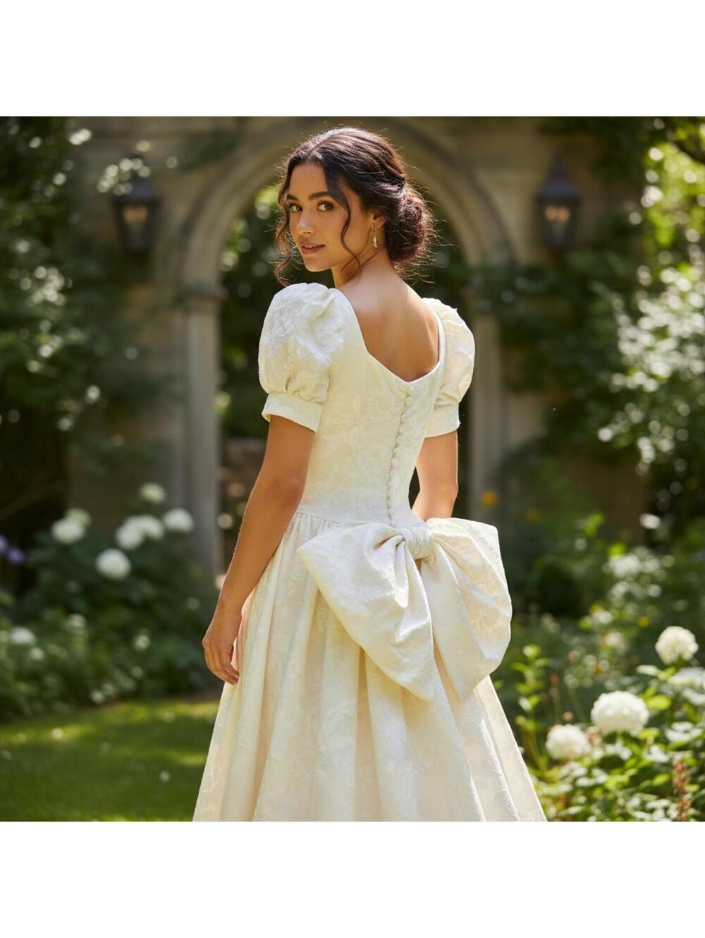 Vintage Laura Ashley Off White Wedding Dress Sz 10 Jacquard Puff Sleeve Lg Bow